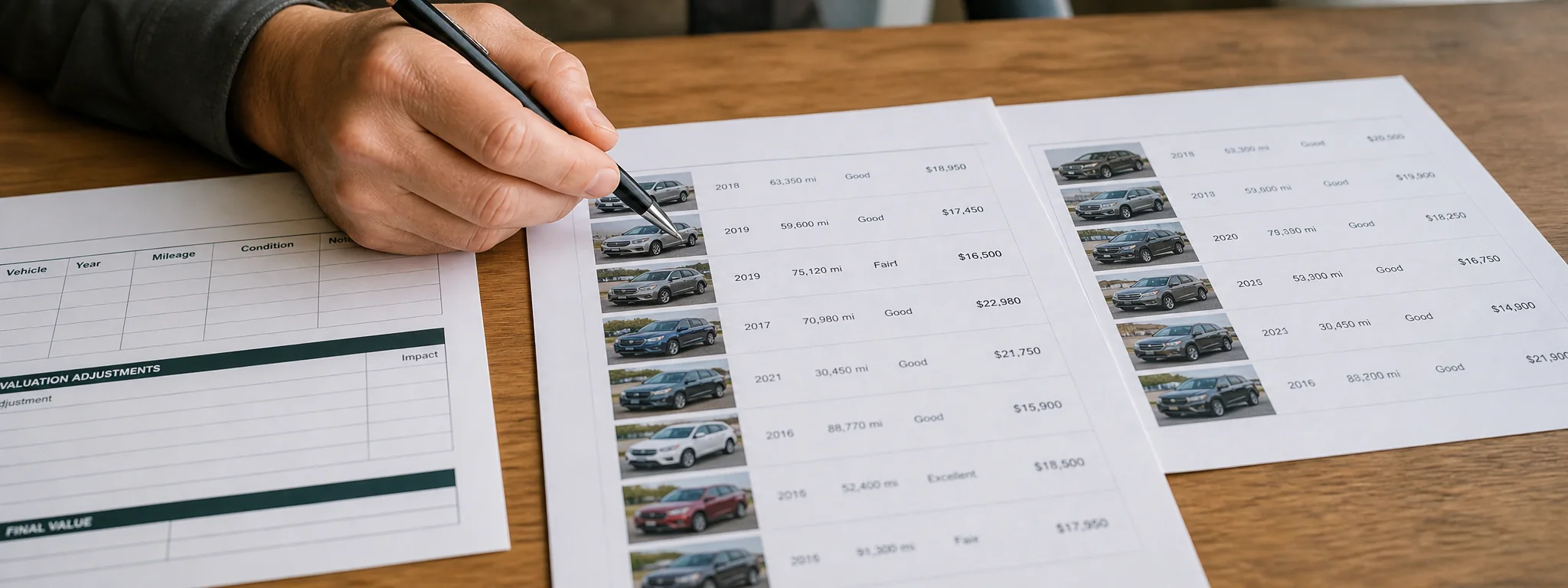 An appraiser comparing vehicle listings and valuation details