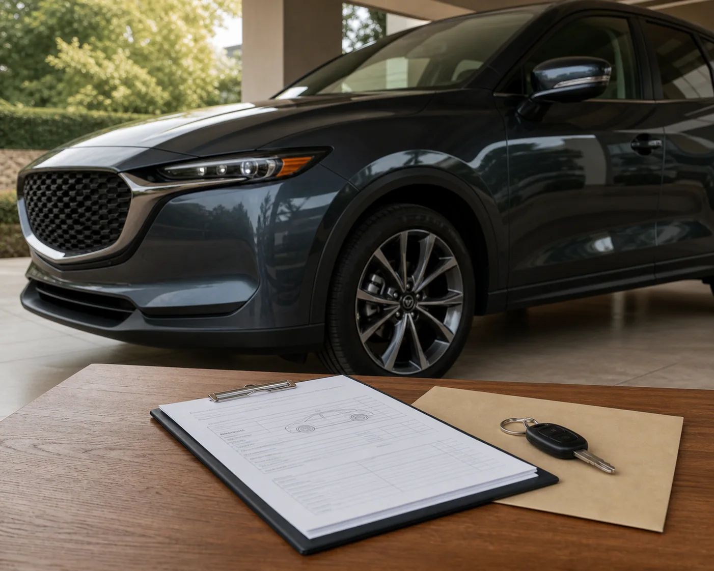 Vehicle valuation documents and car keys in front of a dark crossover